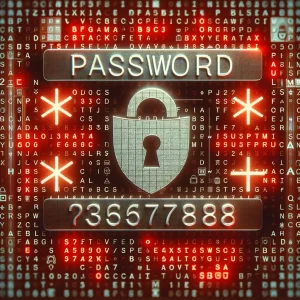 Passwort Password Photo of a digital screen displaying an array of complex passwords composed of letters, numbers, and special characters.