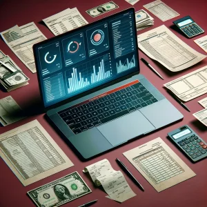 Netzleiter IT Support EDV Dienstleistungen DALL·E 2023 10 30 01.42.46 On a rich burgundy backdrop portray a modern laptop computer displaying various digital invoices and financial charts. Surrounding the laptop there