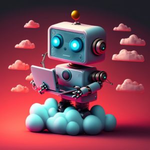 medical it Firefly Roboter der einen Computer untersucht auf einer Wolke auf einen roten Himmel 1777
